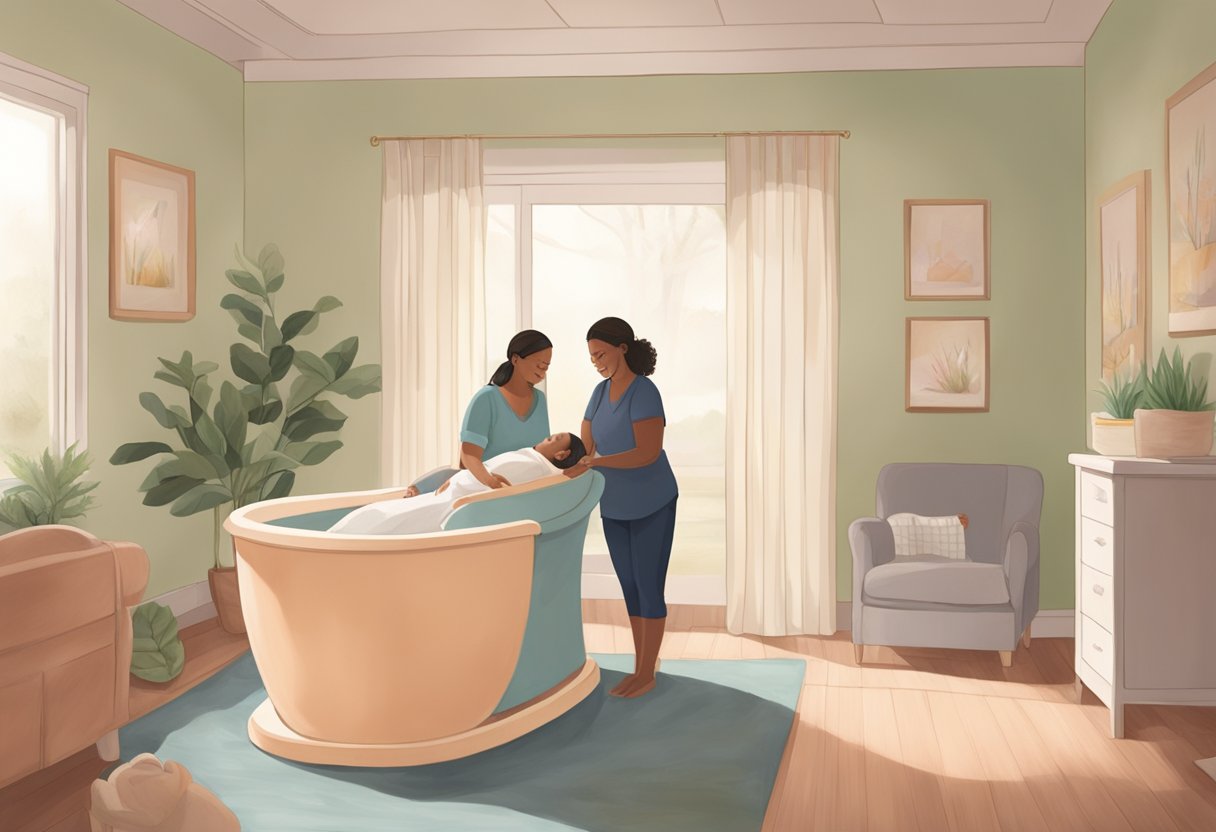 A serene birthing room with soft lighting, a comfortable birthing tub, and a supportive doula guiding the mother through labor