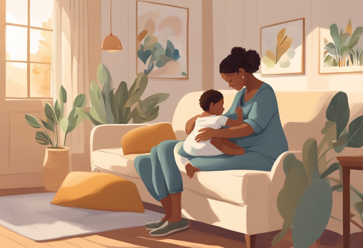 A doula supports a new family in a cozy, sunlit room, creating a warm and nurturing environment for bonding after birth