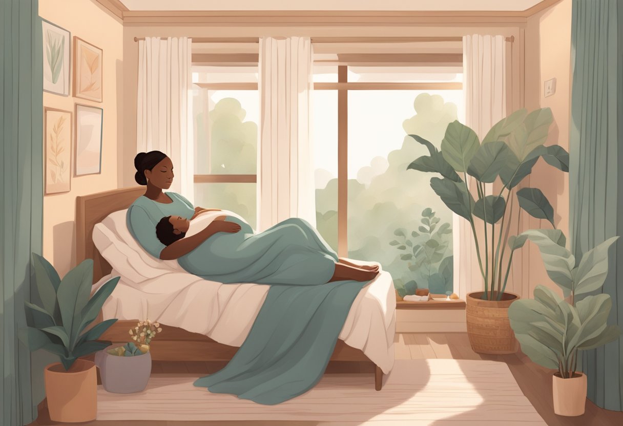 A serene birthing room with a comfortable bed, soft lighting, and calming decor. A doula sits beside a laboring mother, offering support and guidance