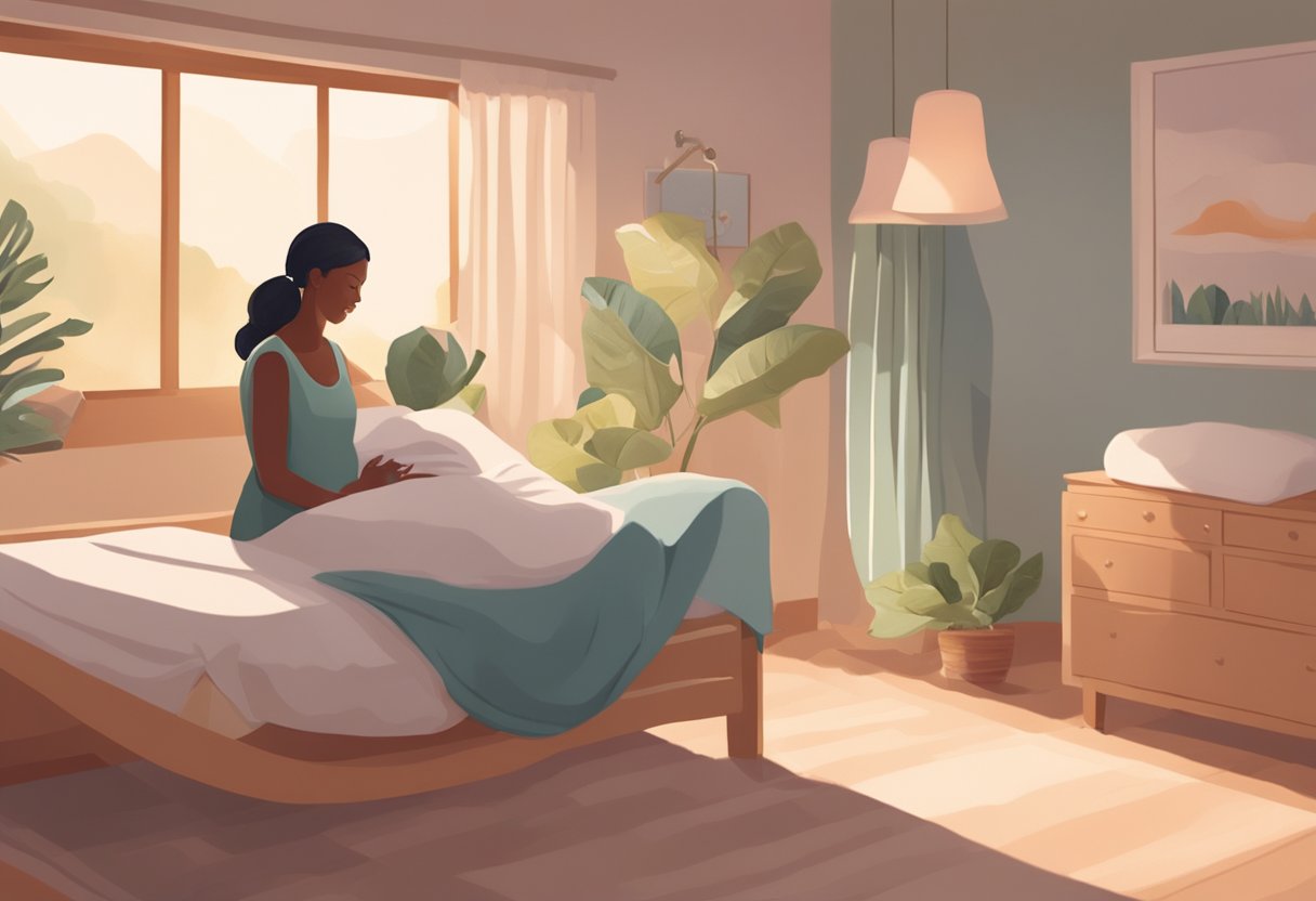 A serene birthing room with a comfortable bed, soft lighting, and a soothing atmosphere. A doula stands beside a laboring mother, offering support and guidance