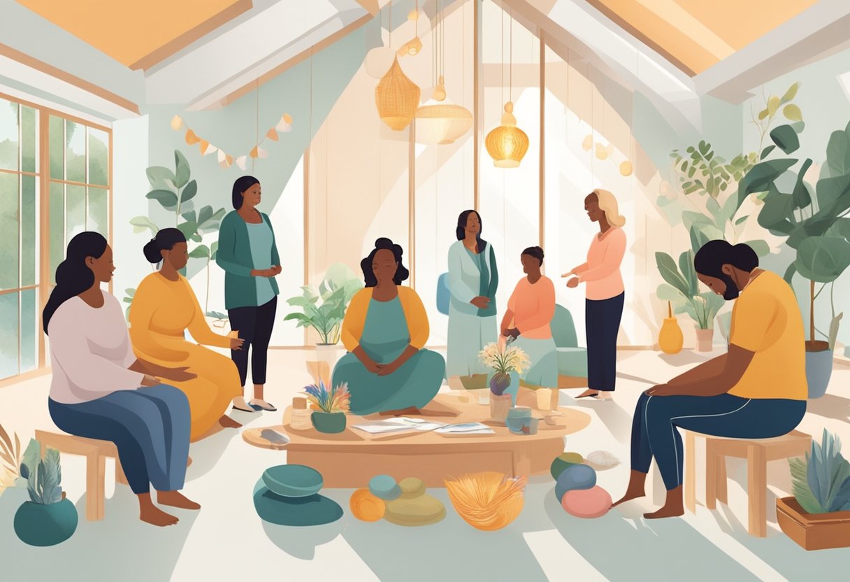 A doula certification ceremony with a group of professionals in a bright, spacious room with natural light, surrounded by symbolic birth-related objects and materials