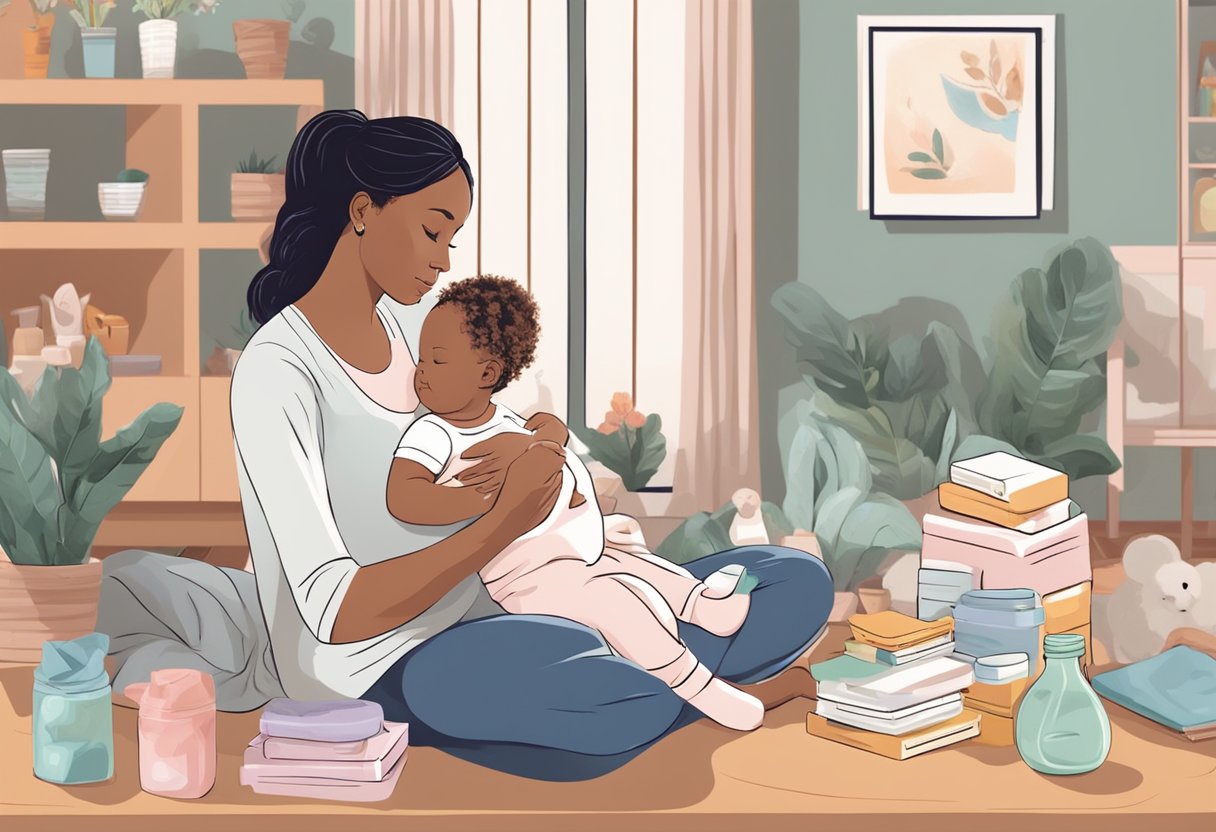 A postpartum doula comforting a new mother, surrounded by baby care supplies and educational materials