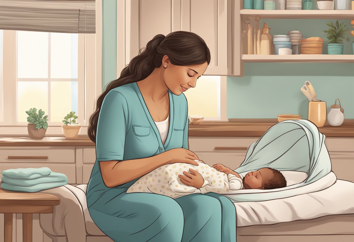 A postpartum doula providing emotional support and guidance to a new mother, while also assisting with household tasks and caring for the newborn