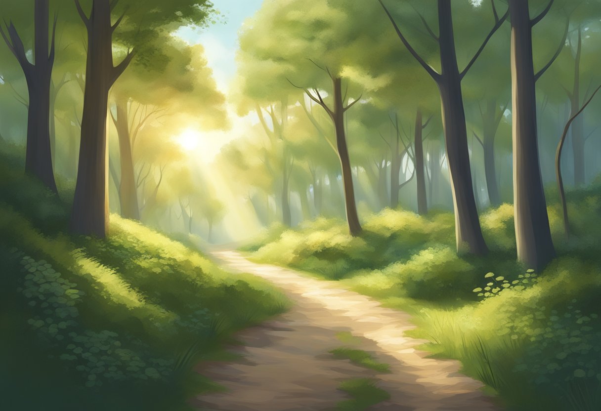 A serene path winding through a peaceful forest, with sunlight filtering through the trees and a sense of tranquility in the air