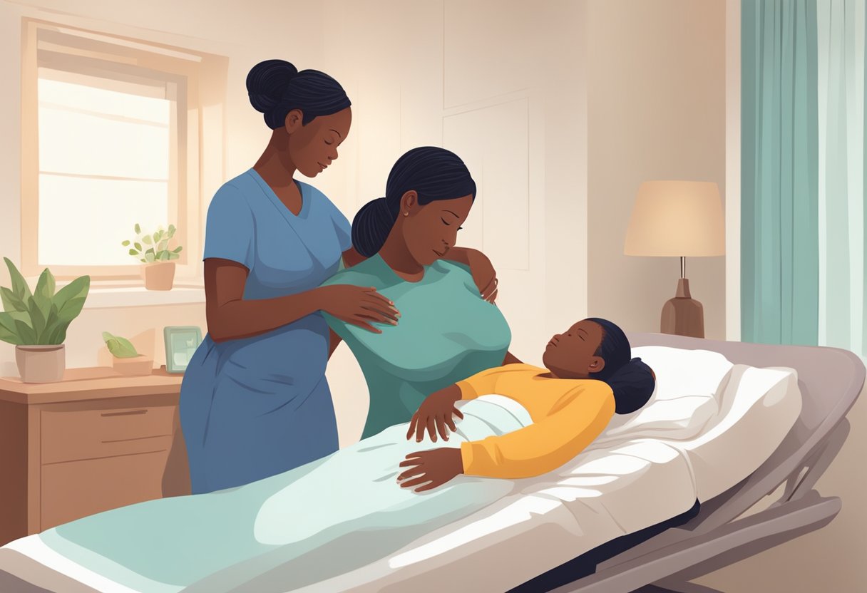 A doula comforting a laboring person during childbirth