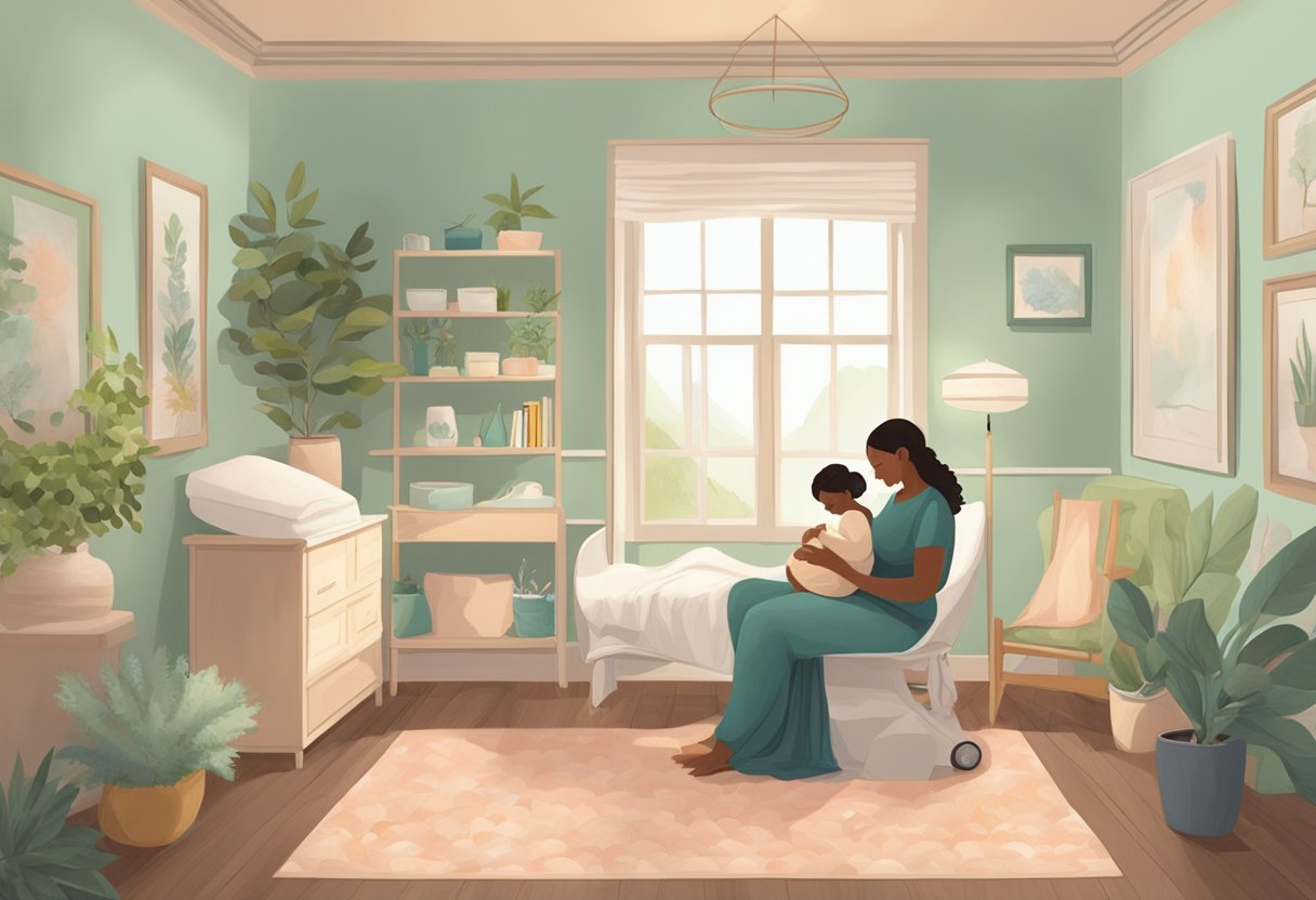 A serene birthing room with a doula providing emotional support to a laboring mother, surrounded by calming colors and natural elements