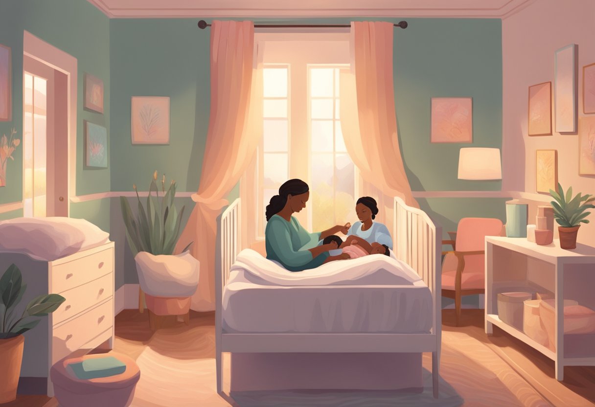 A serene birthing room with a doula providing emotional support to a laboring mother, surrounded by calming colors and soft lighting