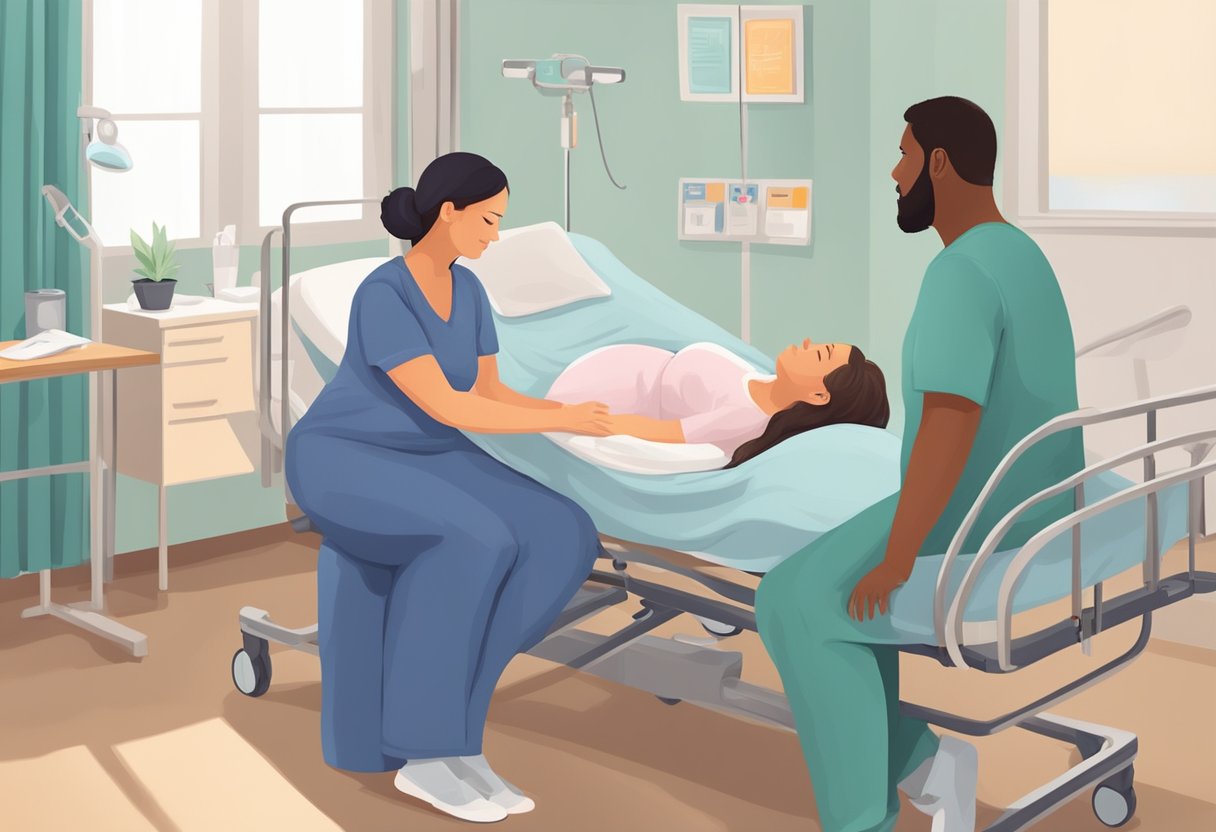 A doula provides support and guidance to a pregnant person during labor, offering comfort and encouragement in a hospital delivery room