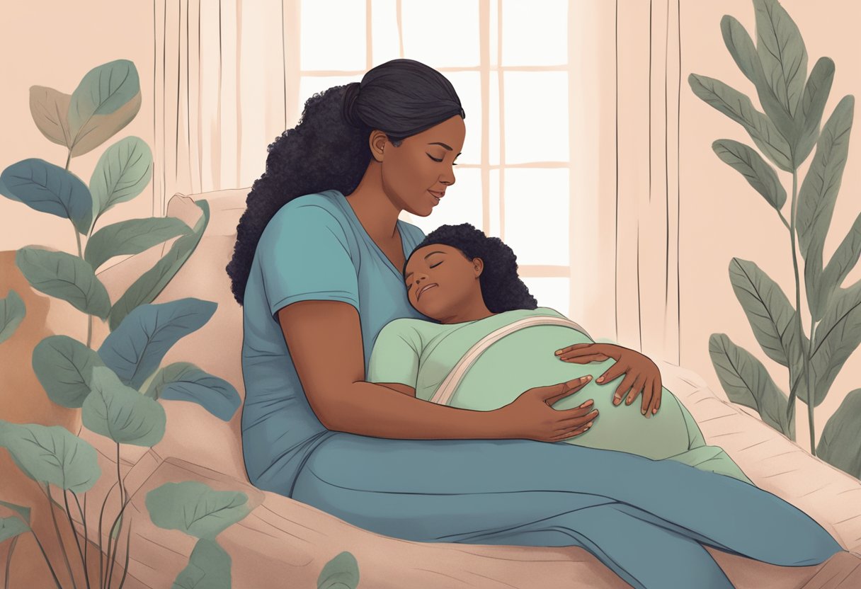 A doula comforting a pregnant woman during labor, then supporting her through postpartum recovery