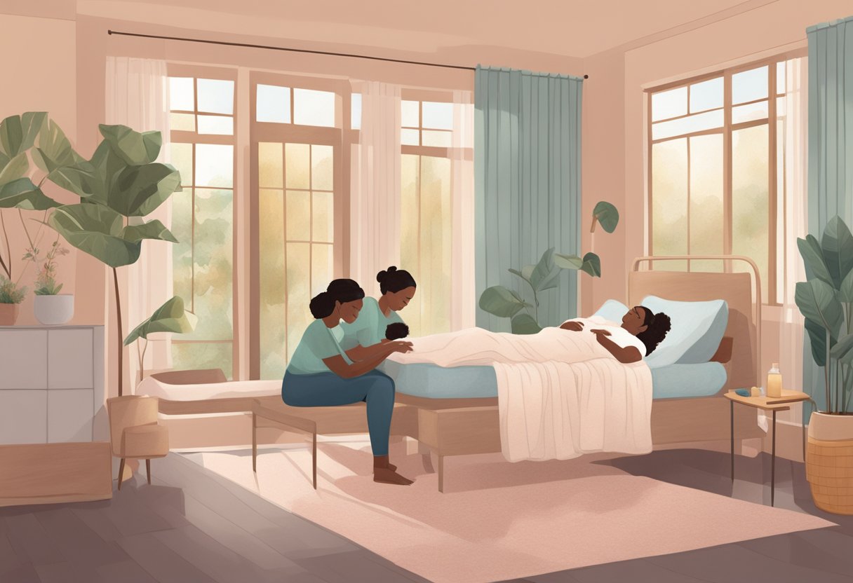 A serene birthing room with a comfortable bed, soft lighting, and a supportive doula guiding a new mother through the postpartum recovery process