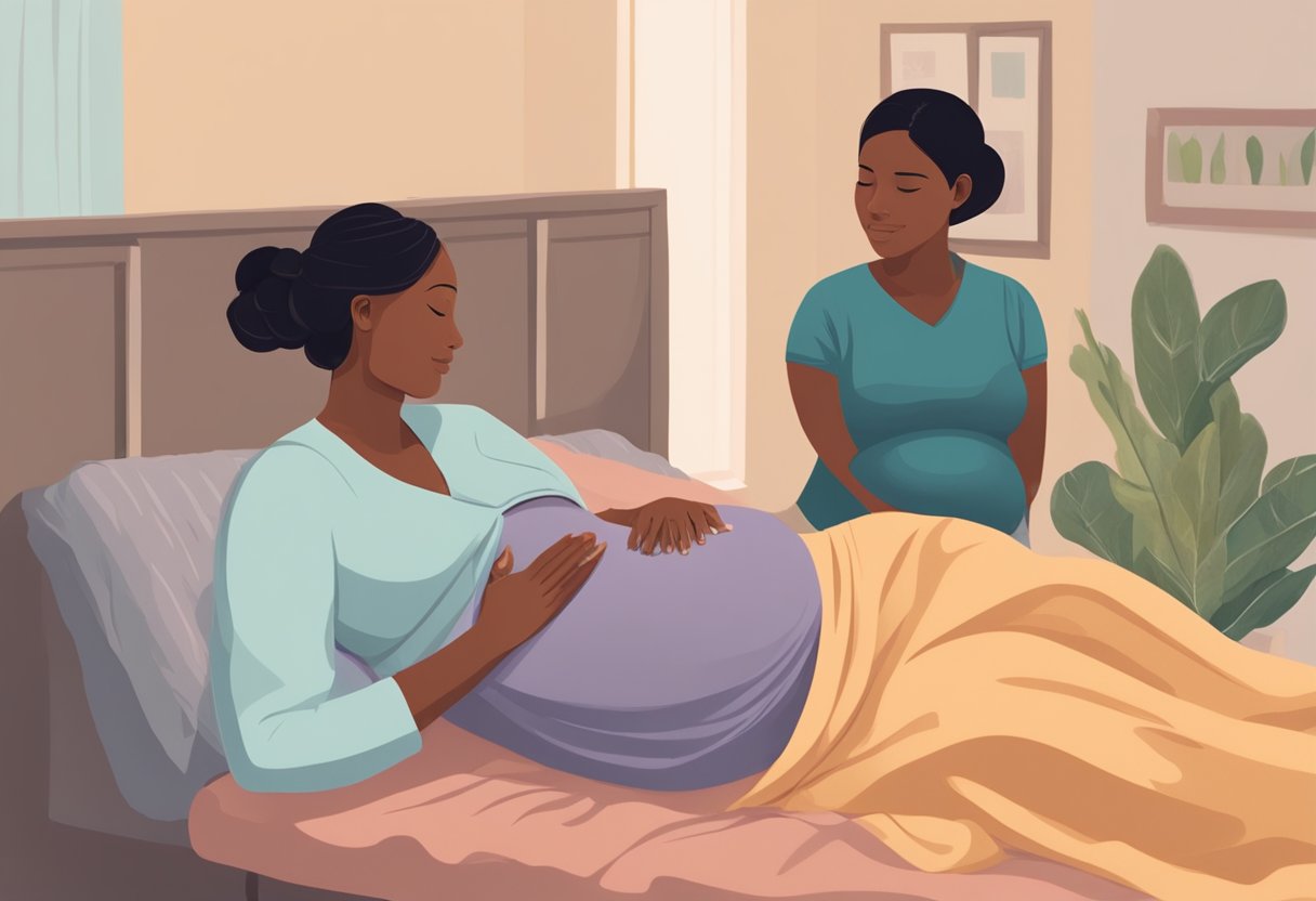 A doula supports a pregnant woman through labor and postpartum recovery, providing emotional and physical assistance. The scene could depict a doula comforting a laboring woman or offering postpartum care