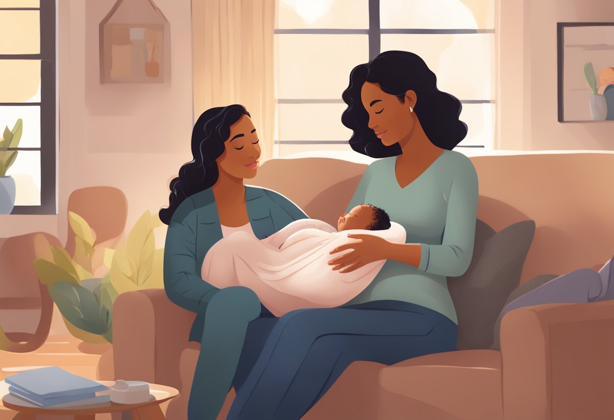 A mother cradles her newborn while a postpartum doula offers support and guidance in a cozy, sunlit living room