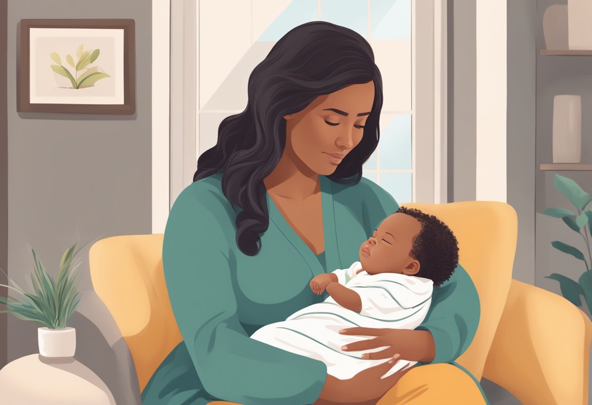 A postpartum doula providing support and guidance to a new mother in her home environment, offering assistance with newborn care and emotional support