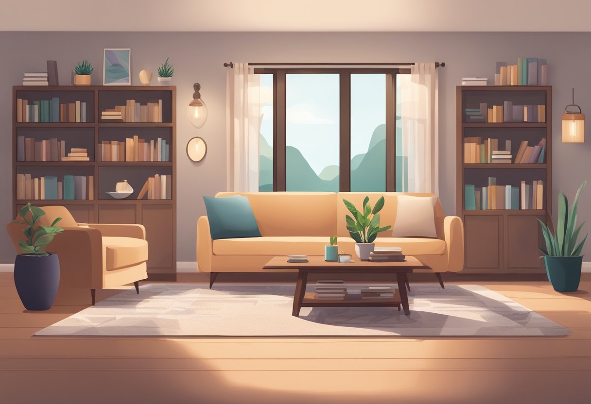 A serene, cozy living room with soft lighting and comfortable seating. A bookshelf filled with parenting books and a calming essential oil diffuser on the coffee table