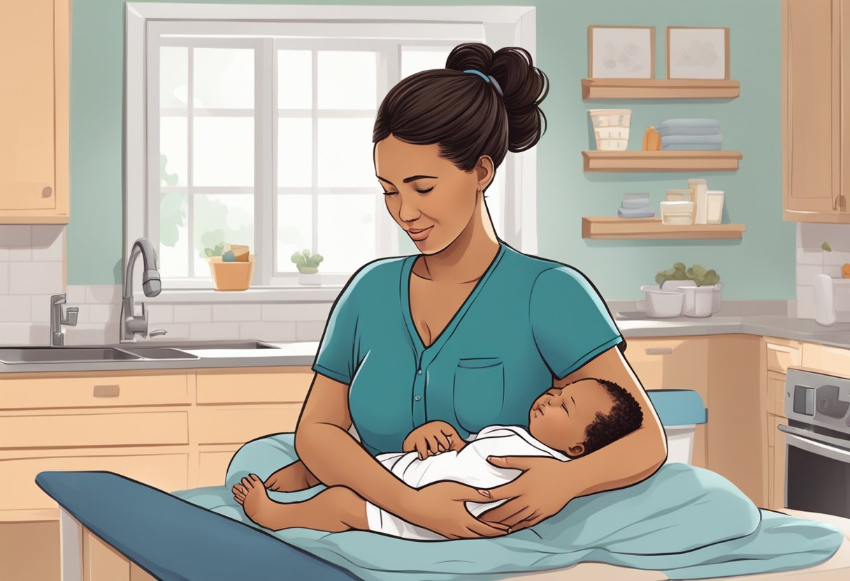 A postpartum doula providing support and guidance to a new mother, assisting with household chores and caring for the newborn