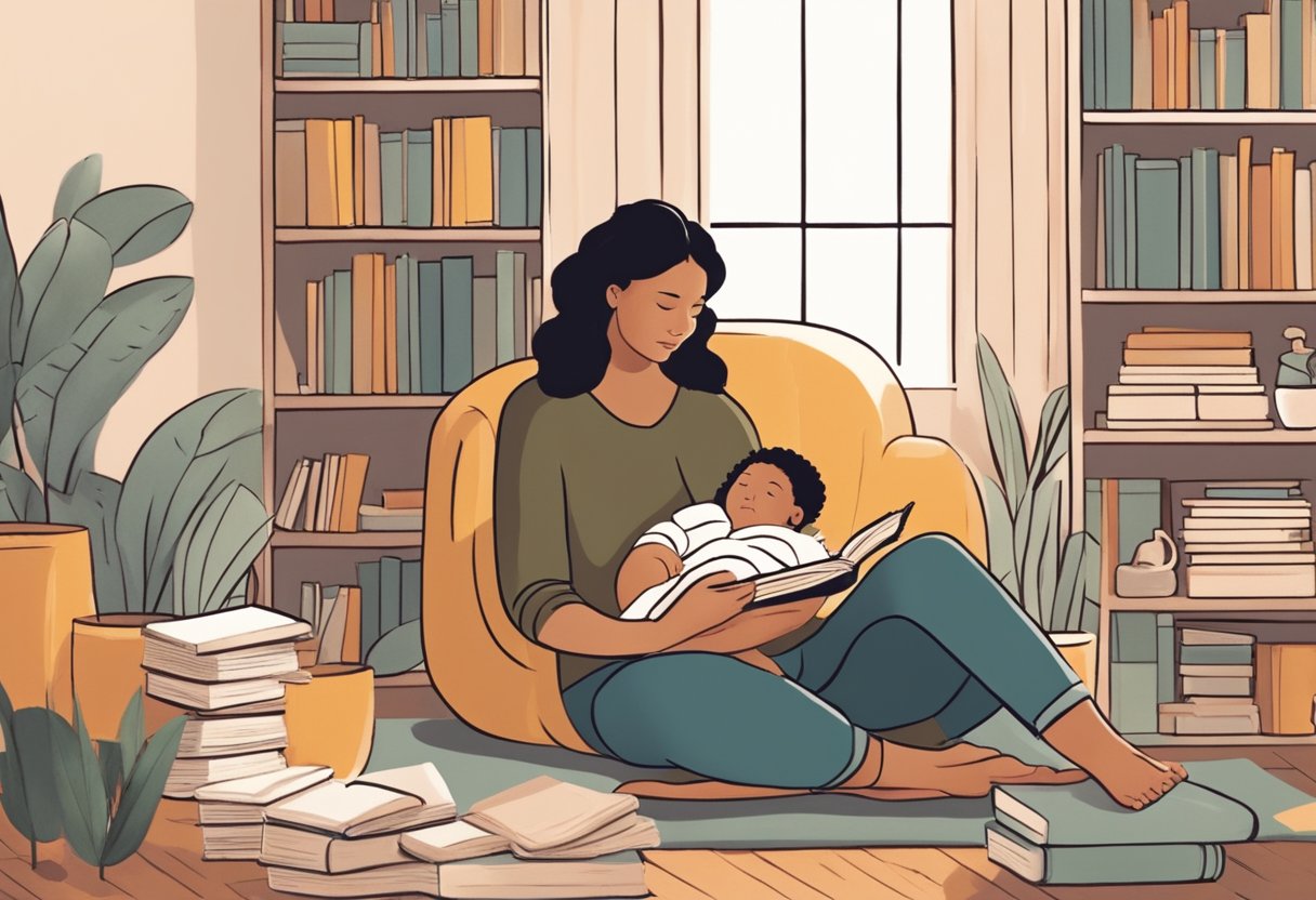 A postpartum doula sitting with a new parent, offering support and guidance while surrounded by books, resources, and a warm, comforting atmosphere