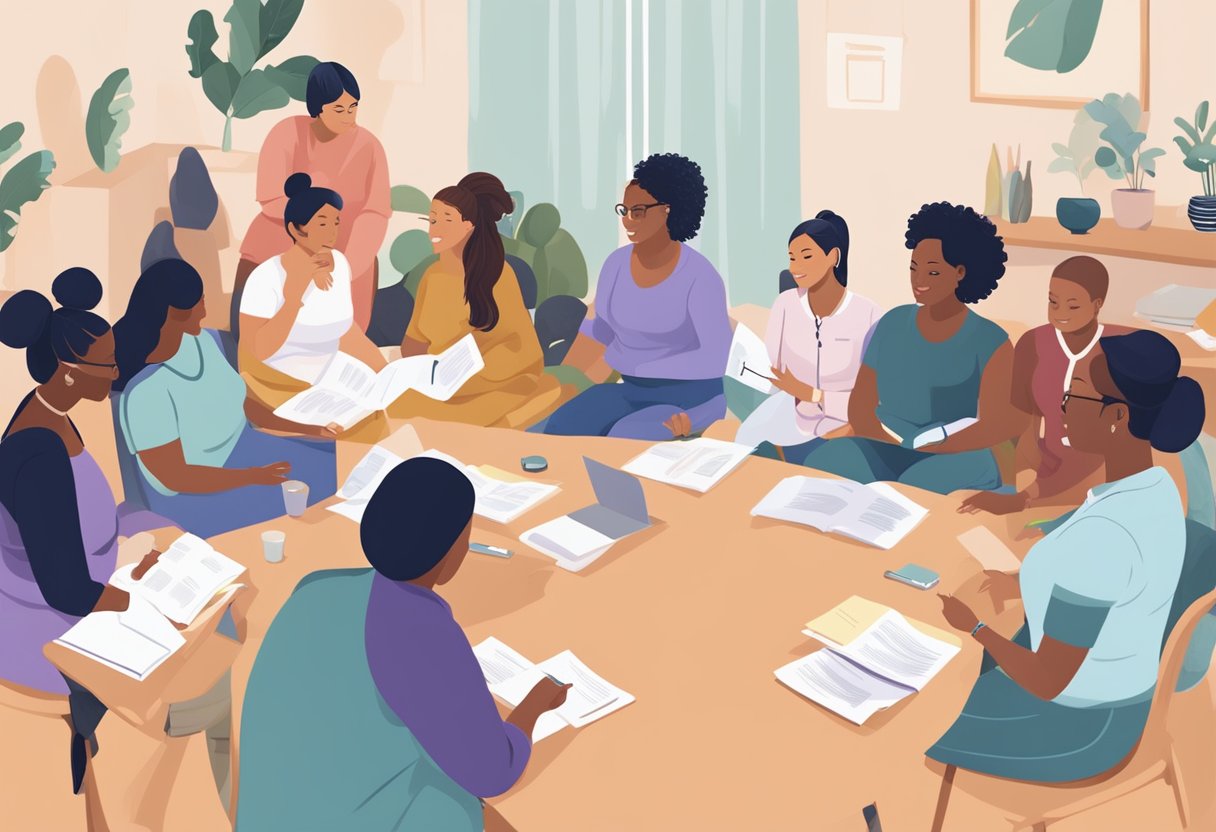 A group of diverse individuals attending a doula certification program, engaging in discussions and activities to learn about different roles and certification types