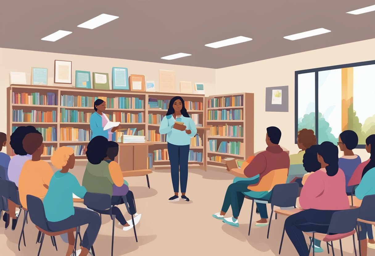 A group of diverse individuals gather in a classroom, surrounded by books and educational materials. A teacher stands at the front, leading a discussion on doula certification programs