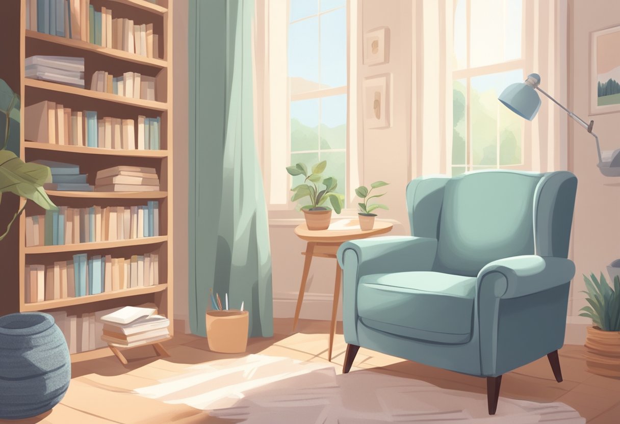 A serene, sunlit room with a cozy armchair, a stack of books on childbirth, a notebook, and a pen. A peaceful atmosphere with soft colors and natural elements