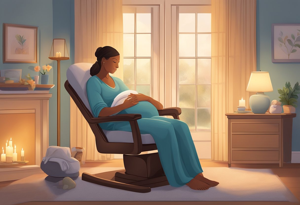 A serene, candlelit room with a comfortable birthing chair and soft music playing. A doula gently supports a laboring mother, providing comfort and encouragement