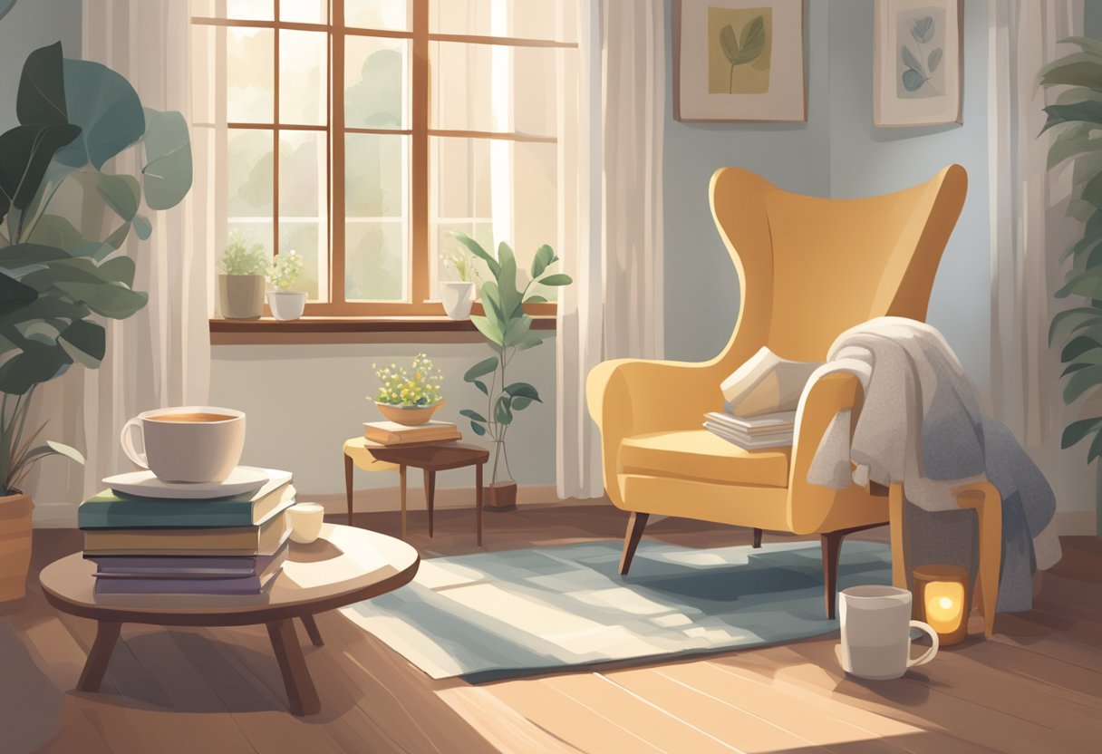 A serene setting with a cozy chair, a warm cup of tea, and a stack of books on childbirth and prenatal care, surrounded by soft natural lighting