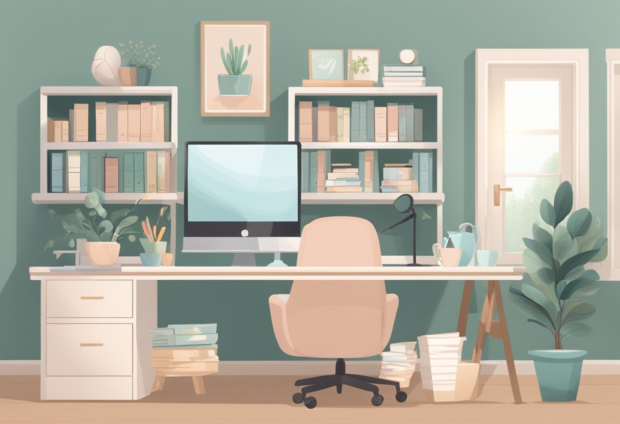 A cozy office with a desk, computer, and comfortable seating. A bookshelf filled with resources on pregnancy, childbirth, and postpartum care. A calming color scheme and soft lighting create a welcoming atmosphere for clients