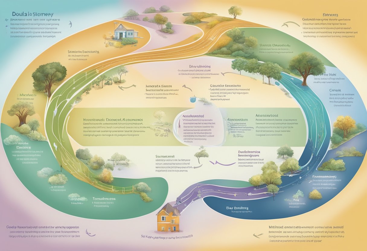 A doula's journey depicted through a series of interconnected pathways leading to a central focal point, symbolizing growth and expansion