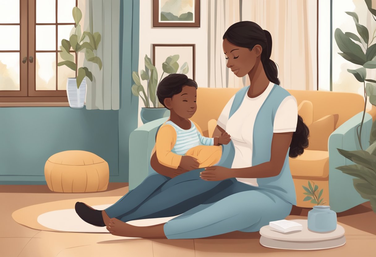 A postpartum doula providing emotional and practical support to a new family in a cozy home setting. The doula is shown assisting with household tasks and offering guidance and reassurance to the new parents