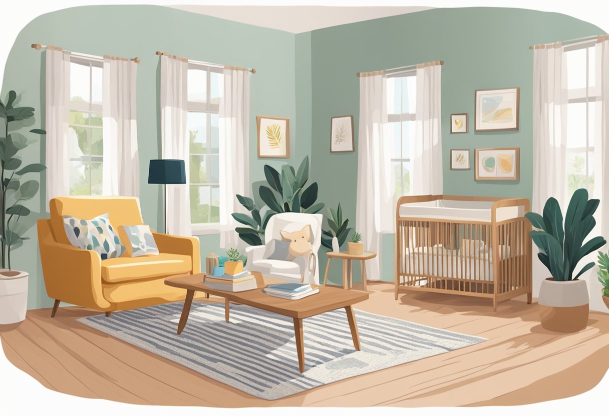 A cozy living room with a nursing chair, baby crib, and a table filled with resources for new parents. A postpartum doula provides support and guidance to a mother and her newborn