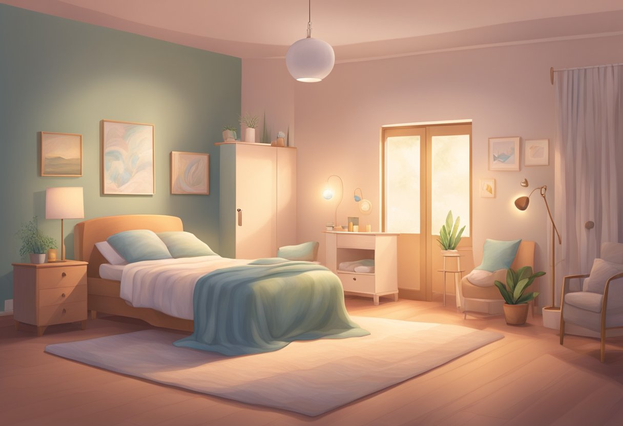 A serene birthing room with a comfortable bed, soft lighting, and soothing music. A supportive doula stands by, offering encouragement and assistance to the laboring person