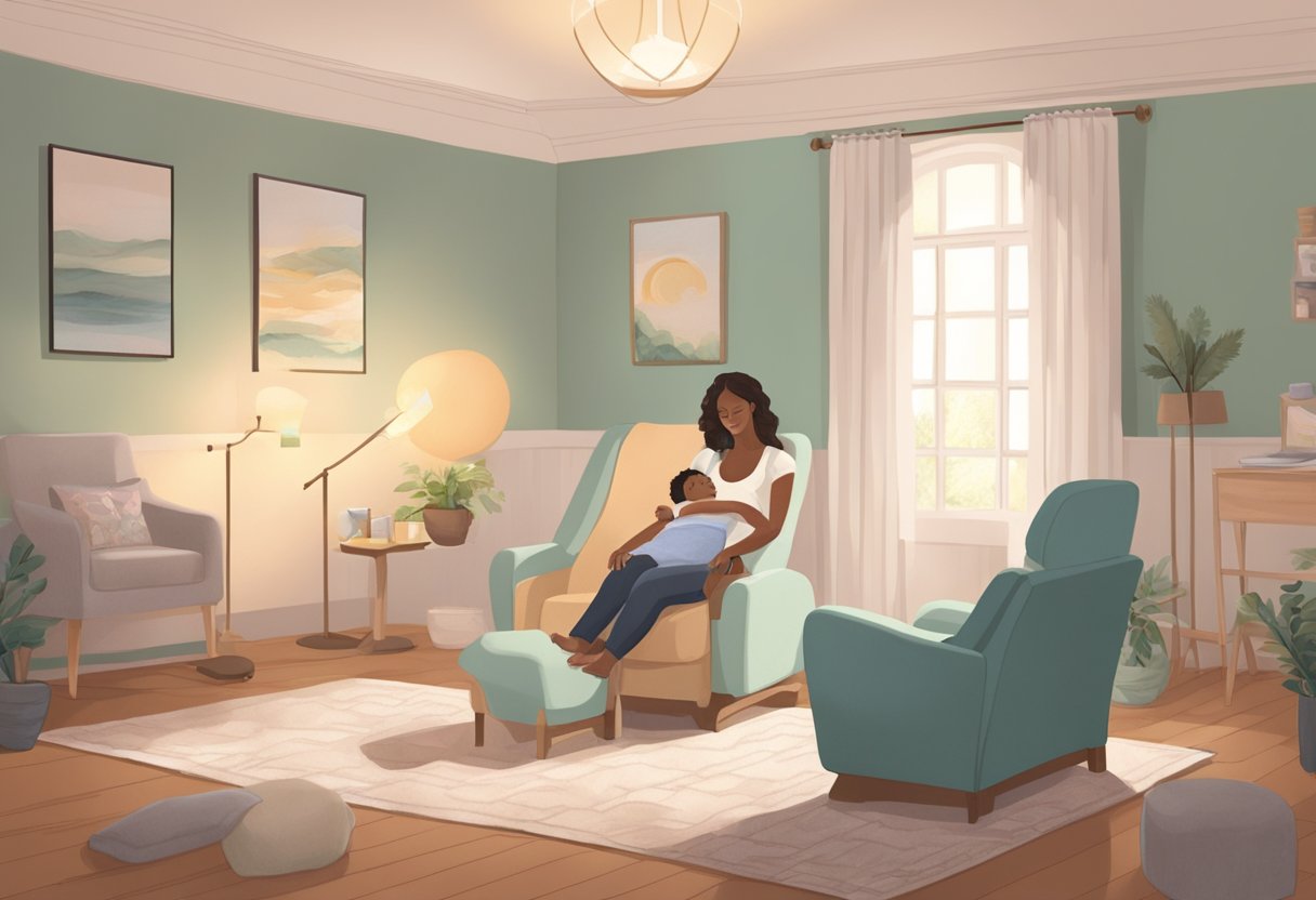 A serene birthing room with soft lighting, a comfortable birthing chair, and a supportive doula guiding the laboring mother through breathing exercises