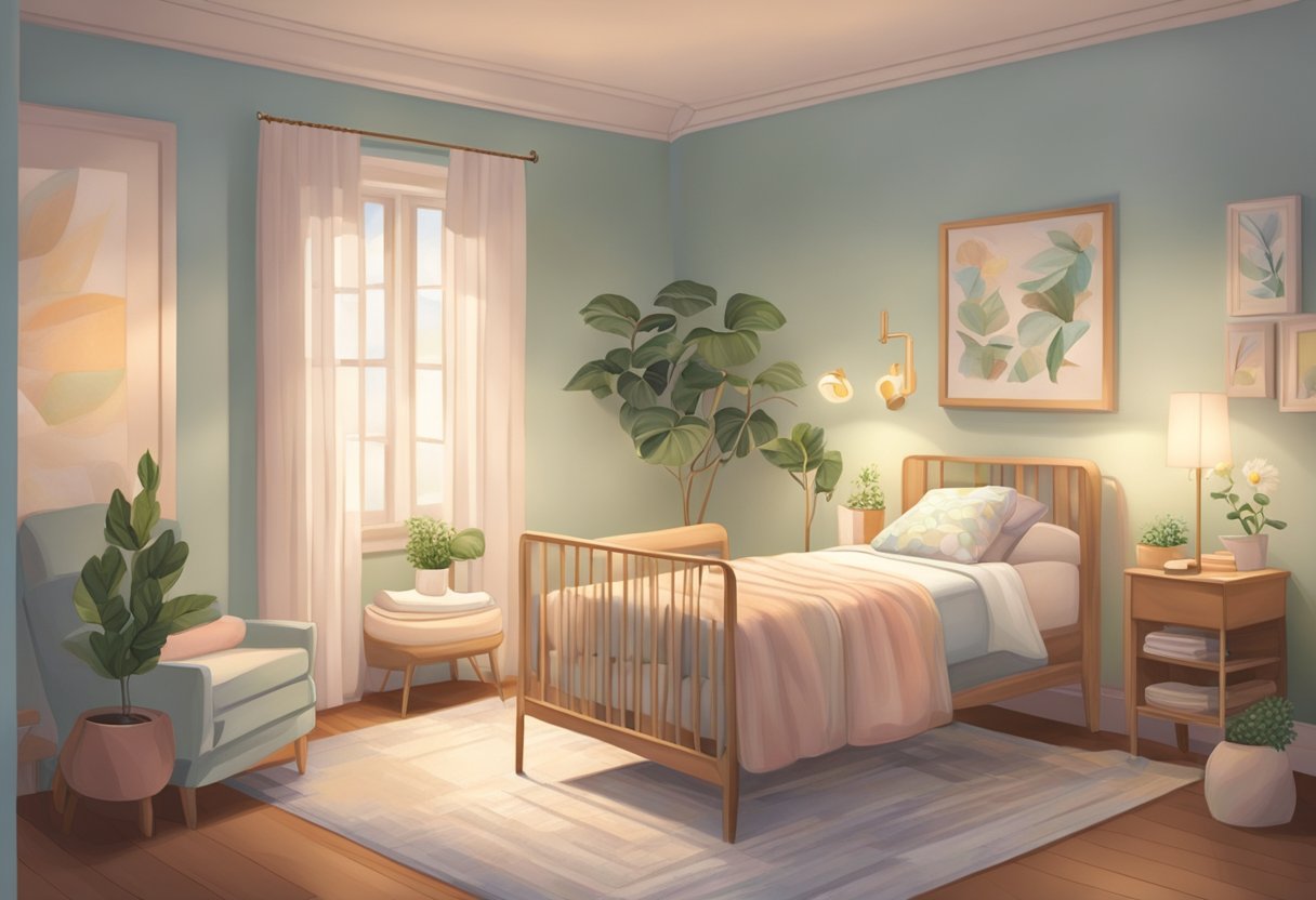 A serene birthing room with a comfortable bed, soft lighting, and calming decor. A doula provides support to a laboring mother, offering encouragement and comfort