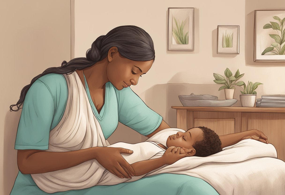 A doula offers comforting touch and soothing words to a laboring person, creating a calm and supportive environment during childbirth