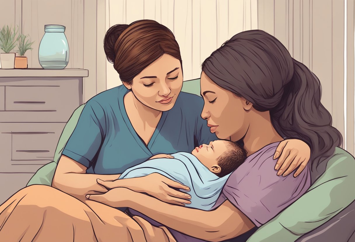 A doula comforting a laboring woman, offering physical and emotional support during childbirth