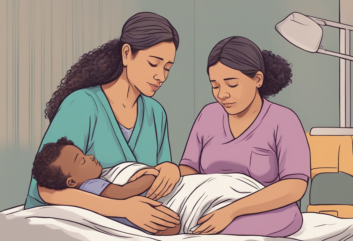 A doula comforting a laboring person through physical and emotional support during childbirth