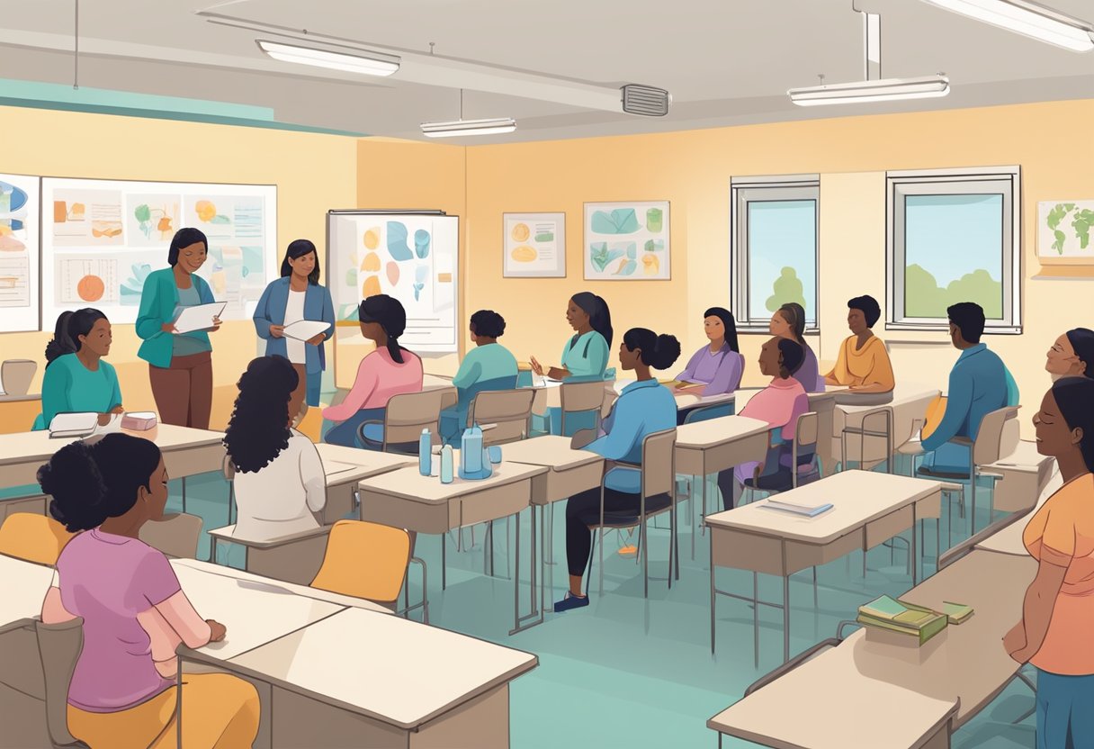 A classroom setting with a diverse group of individuals learning about prenatal care, childbirth support, and postpartum care. Visual aids and educational materials are displayed around the room