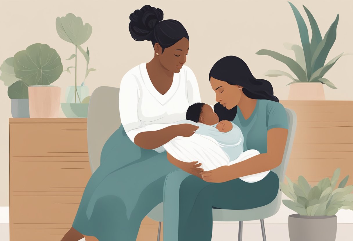 A doula sits beside a new mother, offering support and guidance as she cares for her newborn. The doula provides emotional and practical assistance, creating a nurturing and comforting environment