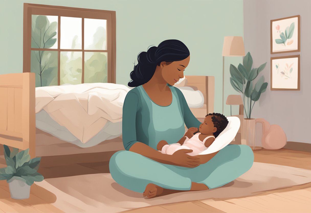 A postpartum doula sits beside a new mother, offering support and guidance as she cares for her newborn. The doula provides emotional and physical assistance while creating a calm and nurturing environment