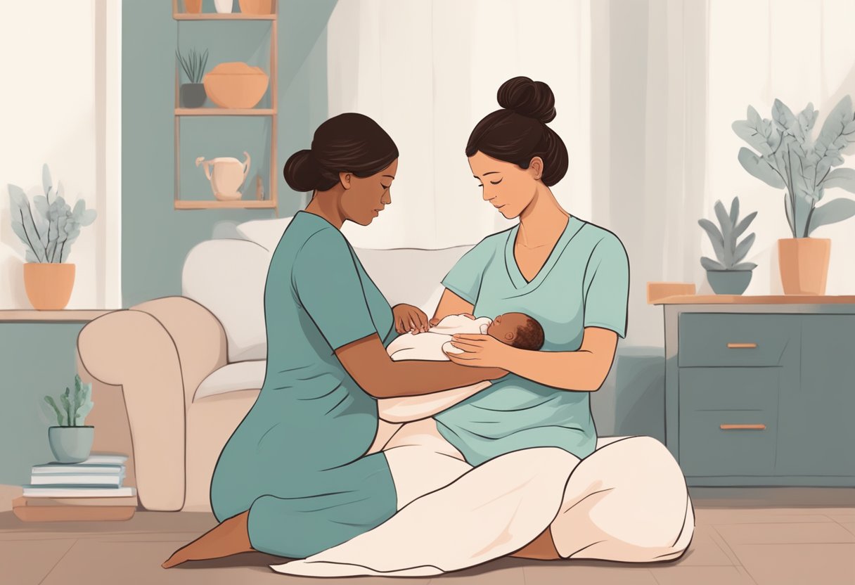 A postpartum doula comforting a new mother, offering support and guidance as she cares for her newborn