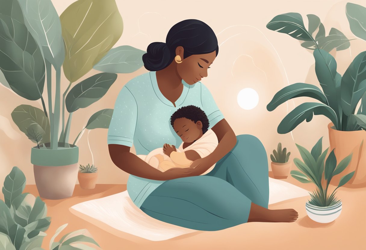 A doula providing postpartum care, offering emotional support and guidance to a new mother, surrounded by calming and nurturing elements such as soft lighting, comfortable seating, and soothing aromatherapy