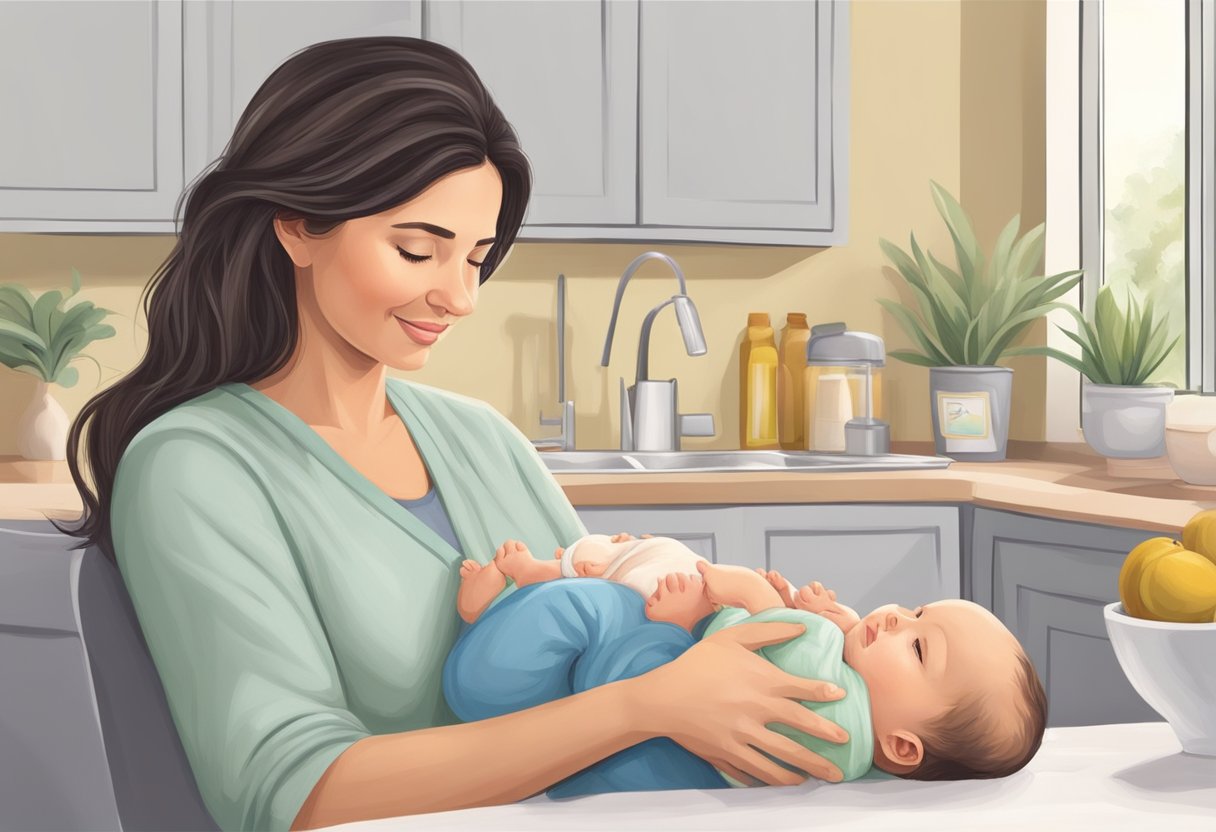 A postpartum doula provides emotional support and practical assistance to a new mother, helping with tasks such as feeding, soothing the baby, and household chores