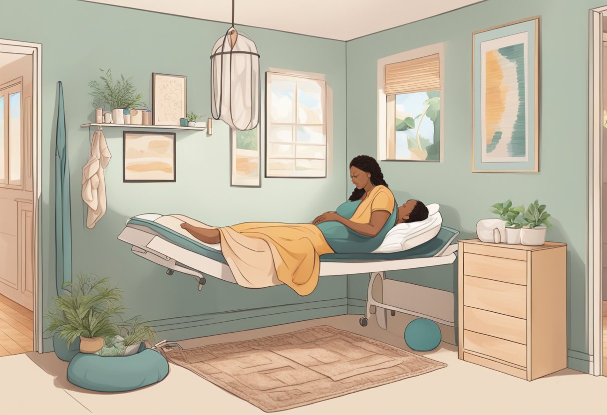 A serene birthing room with a comfortable, supportive atmosphere, featuring a doula providing emotional and physical support to a laboring mother