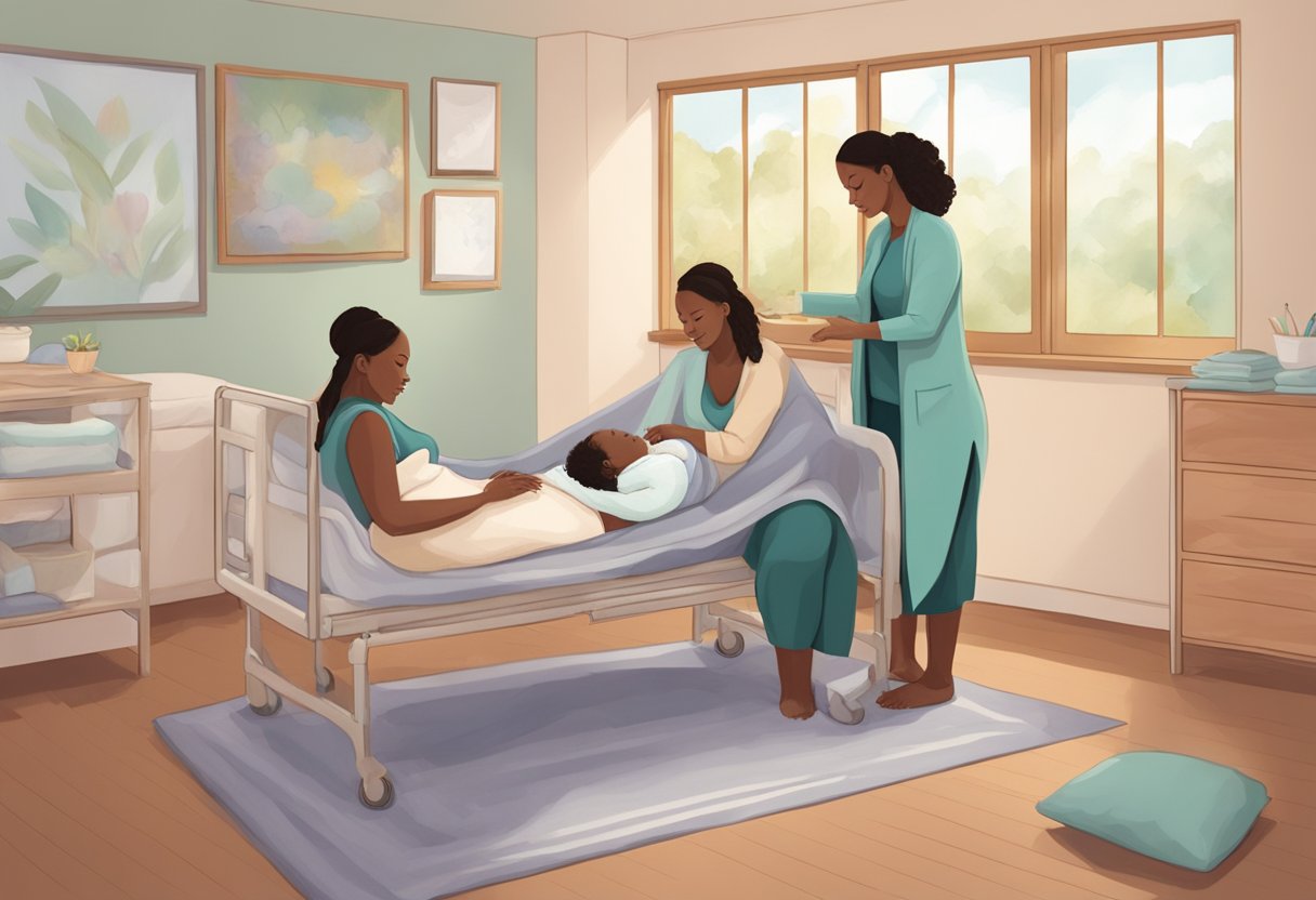 A serene birthing room with a doula supporting a laboring mother, offering comfort and guidance during the birth process