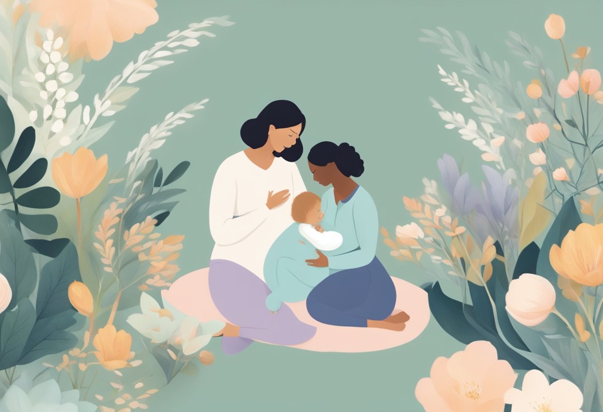 A pregnant woman discussing birth plan with a doula, surrounded by calming natural elements like flowers and a soothing color palette