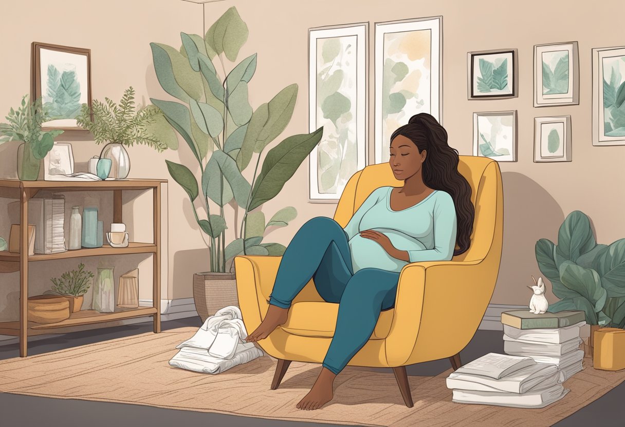 A pregnant woman sitting in a cozy chair, surrounded by various doula profiles and birth plan options, pondering her decision