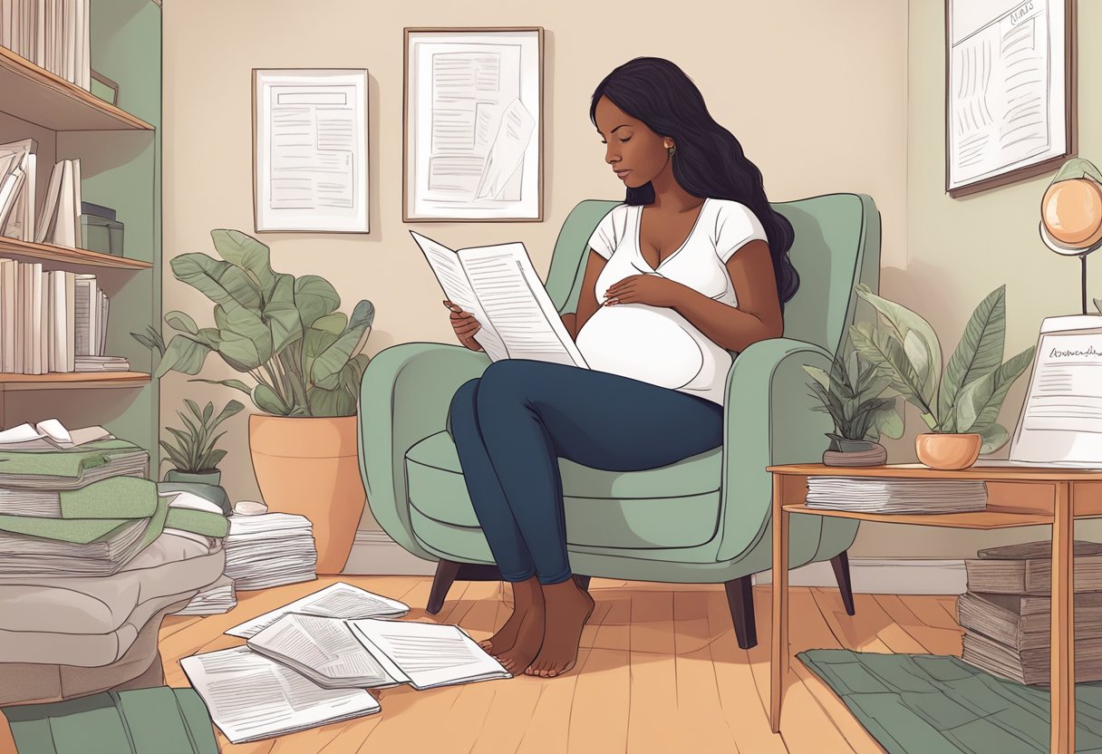 A pregnant woman sitting in a cozy chair, surrounded by various doula profiles and birth plan documents, deep in thought as she considers her options