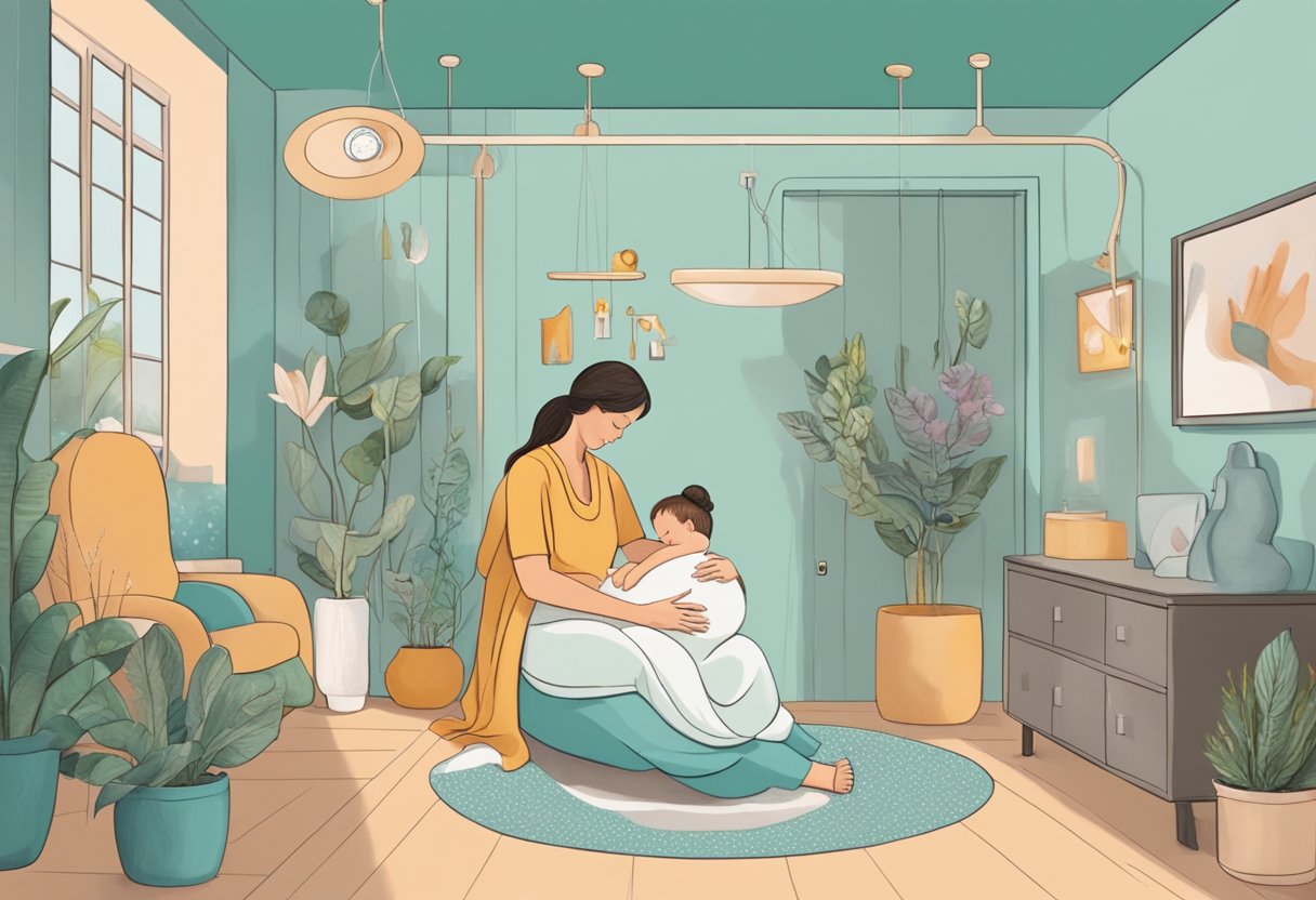 A serene birthing room with a doula providing emotional support to a laboring mother, surrounded by comforting and empowering symbols of birth