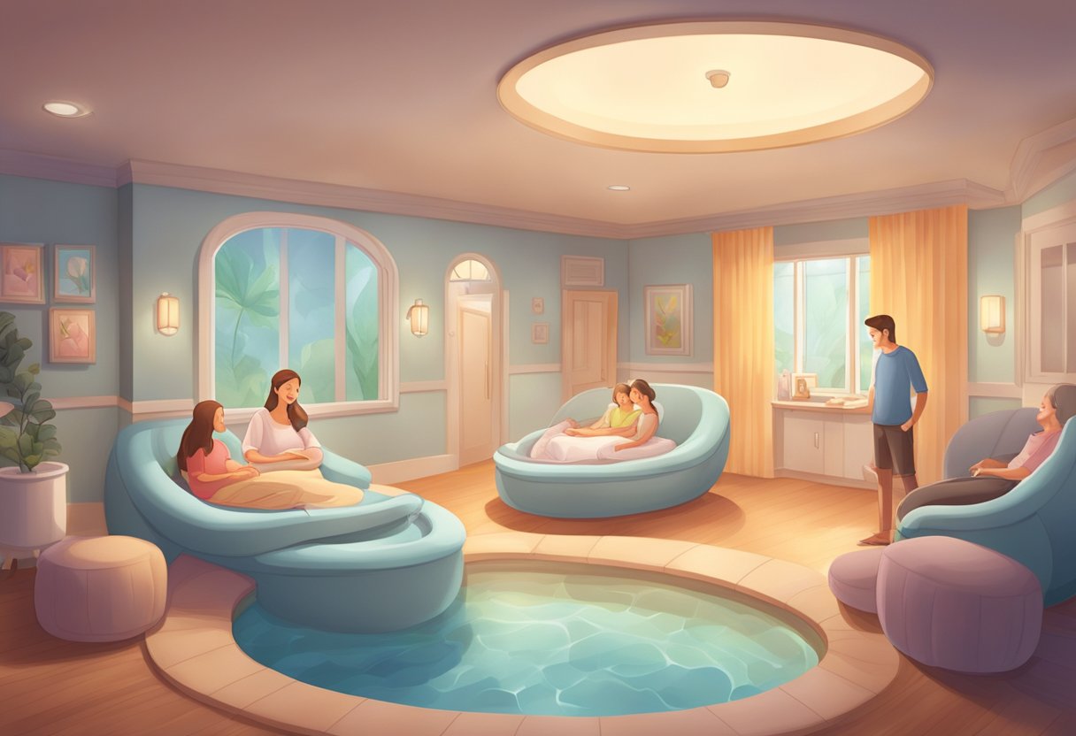 A peaceful birthing room with a comfortable birthing pool, soft lighting, and supportive family members gathered around