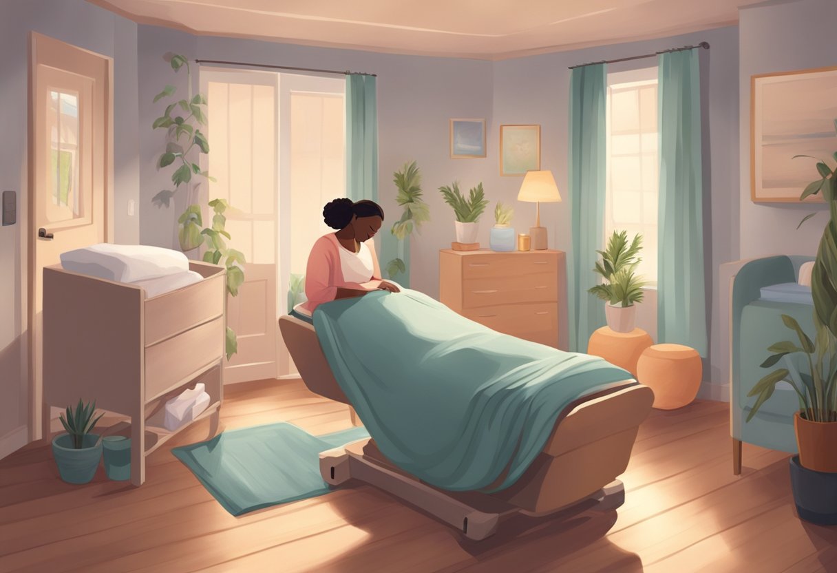 A serene birthing room with a doula providing emotional and physical support to a laboring person, surrounded by a calm and supportive atmosphere