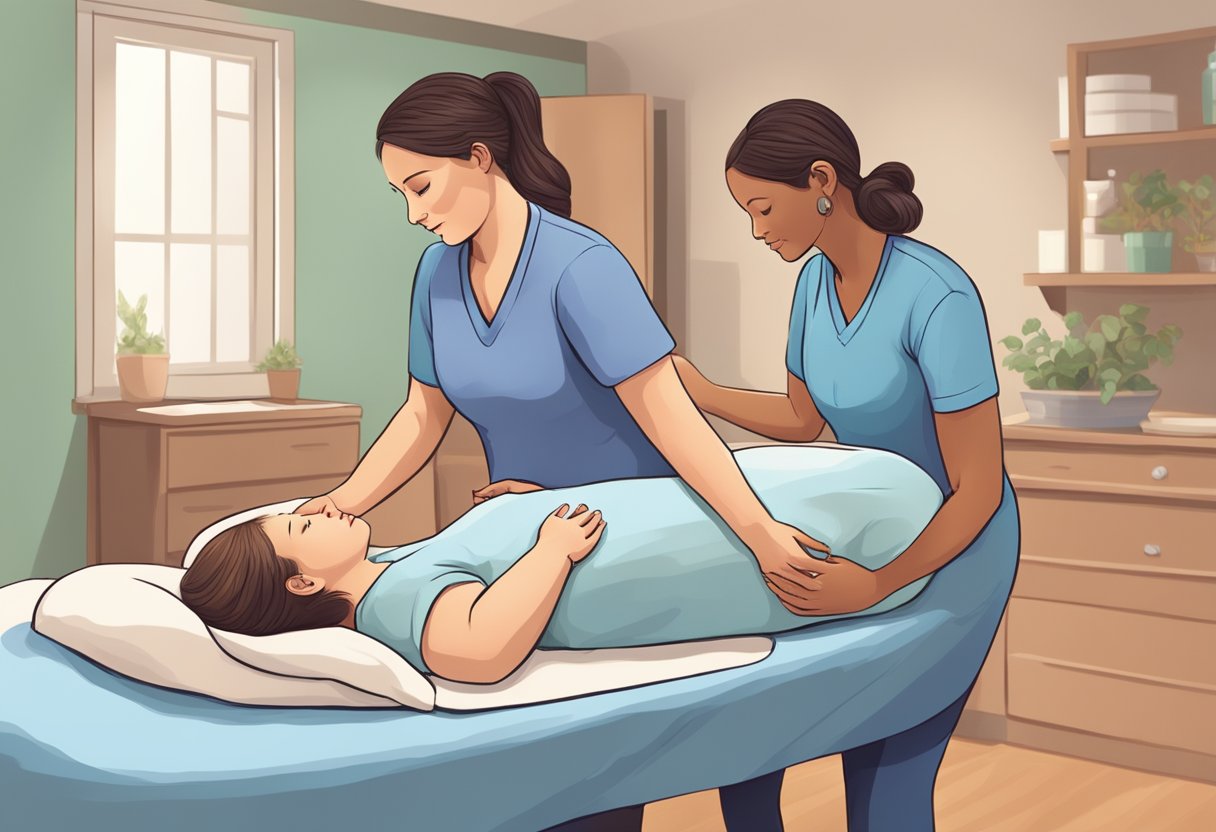 A doula offering support and guidance to a laboring person, providing comfort and reassurance during the birthing process